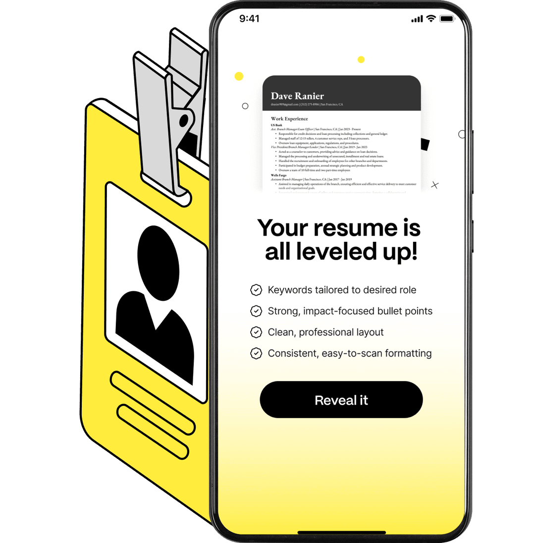 Phone showing a resume in the EarnIn Jobs app, next to a job application folder illustration